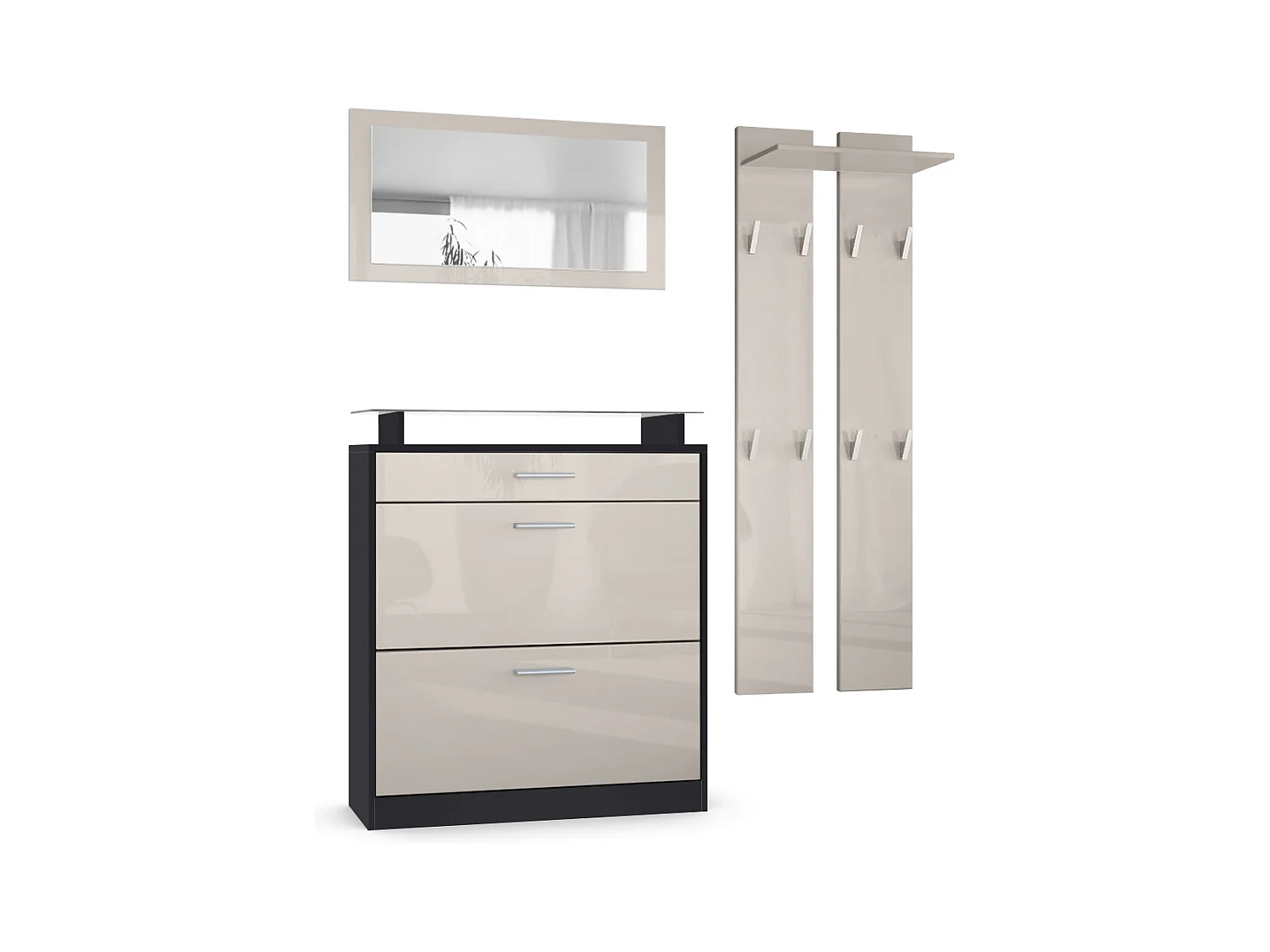Penderie Loret Mini, Meuble d’entrée comprenant 1 commode à chaussures, 1 miroir mural et 2 panneaux porte-manteaux, Noir mat/Gris sable haute brillance
