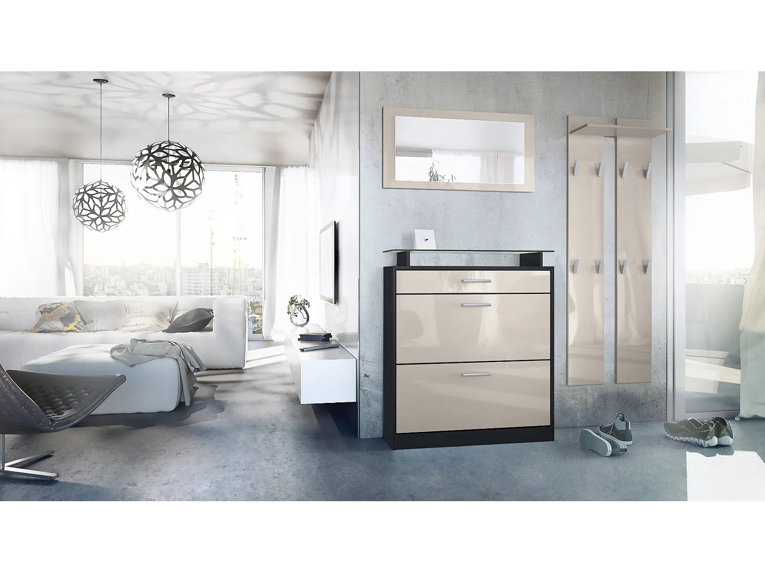 Penderie Loret Mini, Meuble d’entrée comprenant 1 commode à chaussures, 1 miroir mural et 2 panneaux porte-manteaux, Noir mat/Gris sable haute brillance