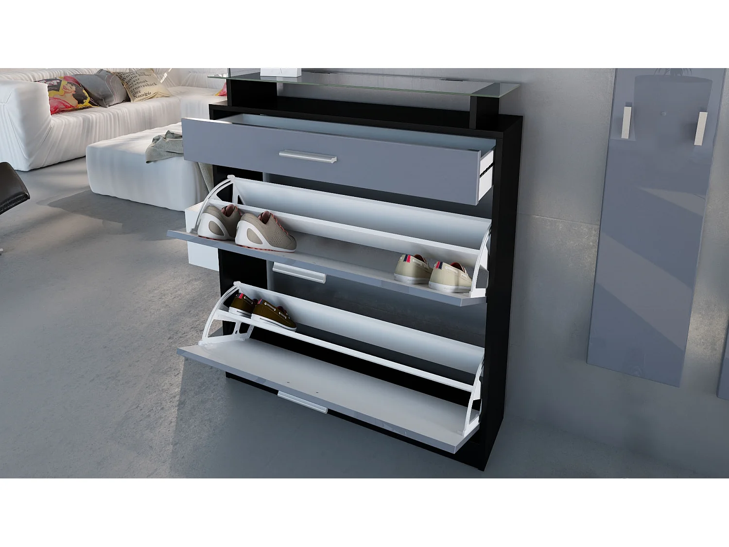 Penderie Loret Mini, Meuble d’entrée comprenant 1 commode à chaussures, 1 miroir mural et 2 panneaux porte-manteaux, Noir mat/Gris sable haute brillance