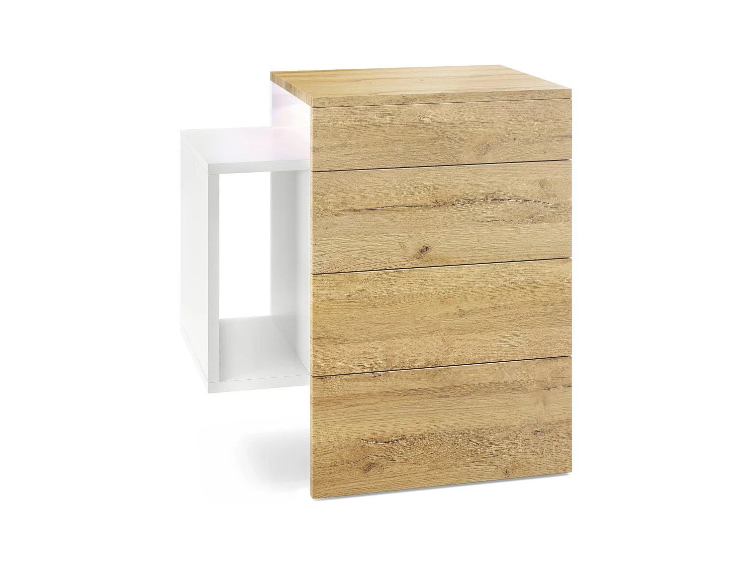 Table de chevet Queens, Table de nuit avec 2 tiroirs et 1 compartiment latéral à fixer au mur, Blanc mat/Chêne Nature, incl. LED blanc (60x63x36 cm)
