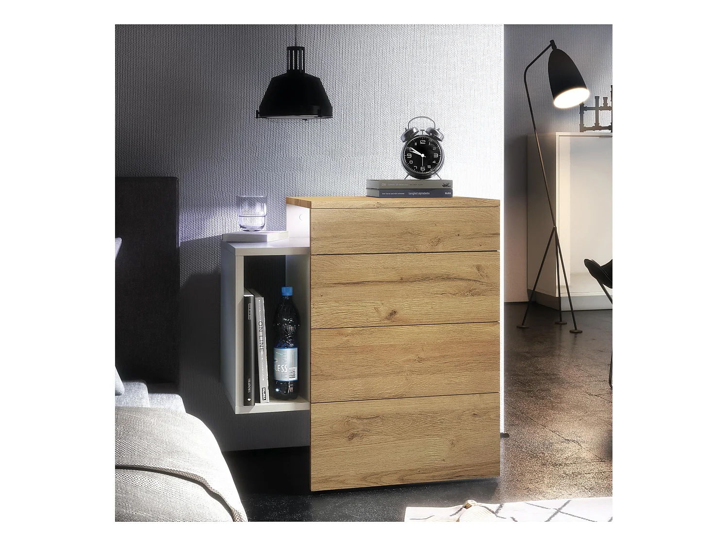 Table de chevet Queens, Table de nuit avec 2 tiroirs et 1 compartiment latéral à fixer au mur, Blanc mat/Chêne Nature, incl. LED blanc (60x63x36 cm)