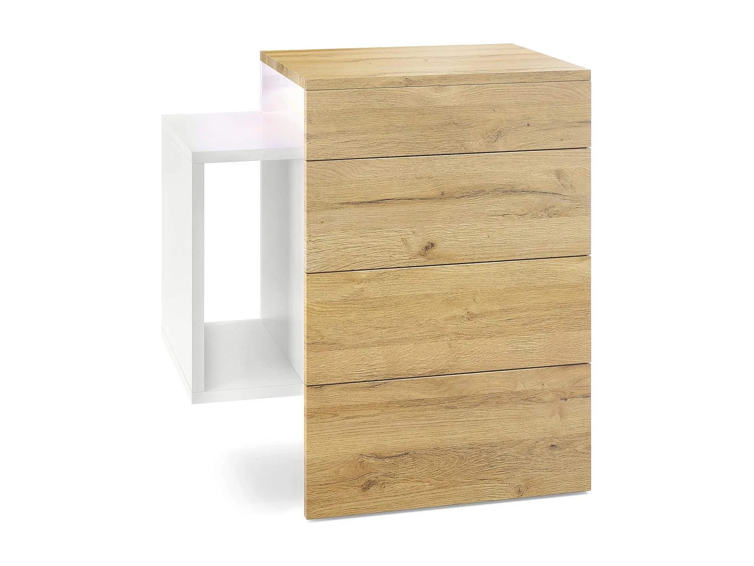 Table de chevet Queens, Table de nuit avec 2 tiroirs et 1 compartiment latéral à fixer au mur, Blanc mat/Chêne Nature, incl. LED blanc (60x63x36 cm)
