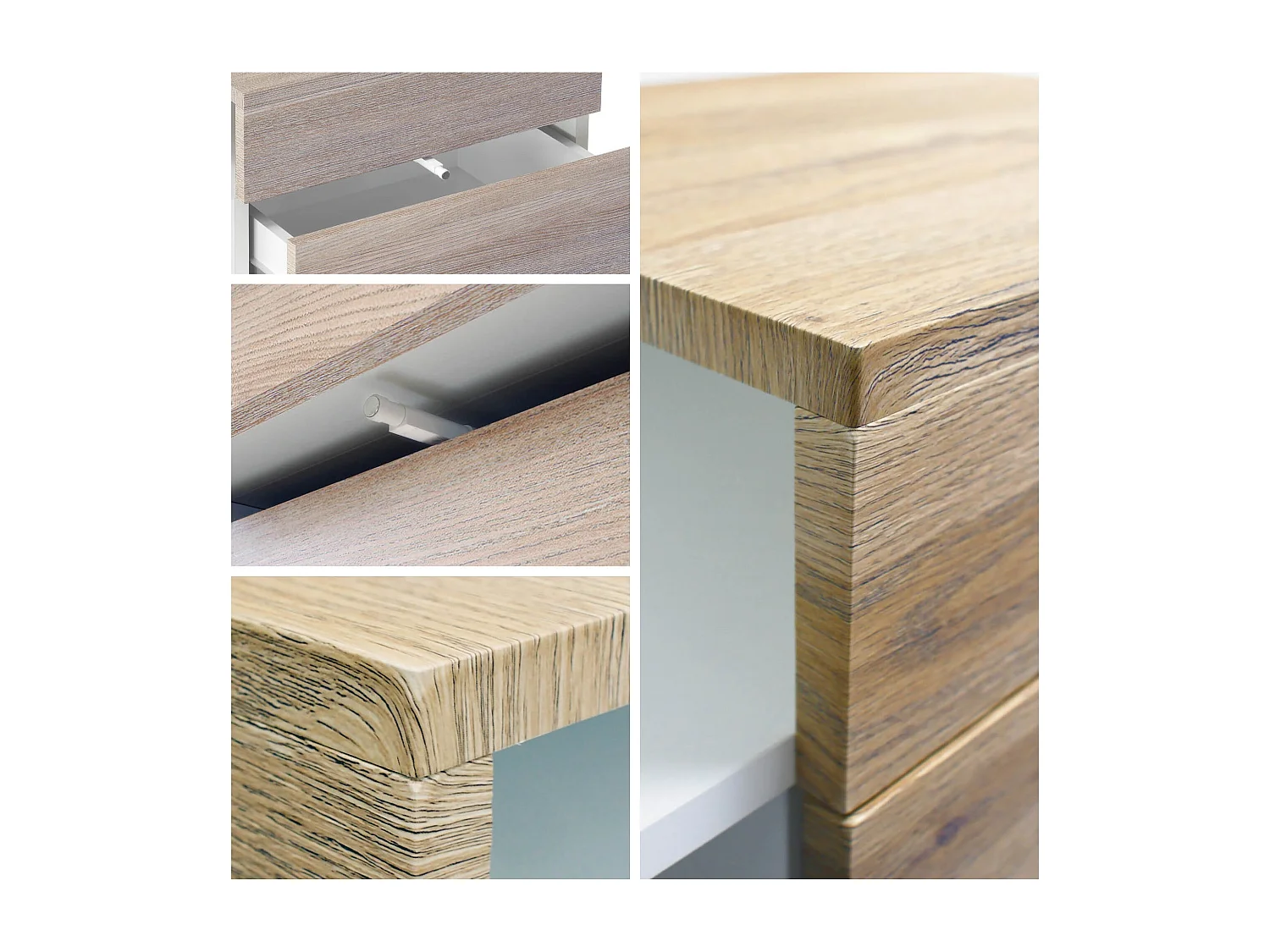 Table de chevet Queens, Table de nuit avec 2 tiroirs et 1 compartiment latéral à fixer au mur, Blanc mat/Chêne Nature, incl. LED blanc (60x63x36 cm)