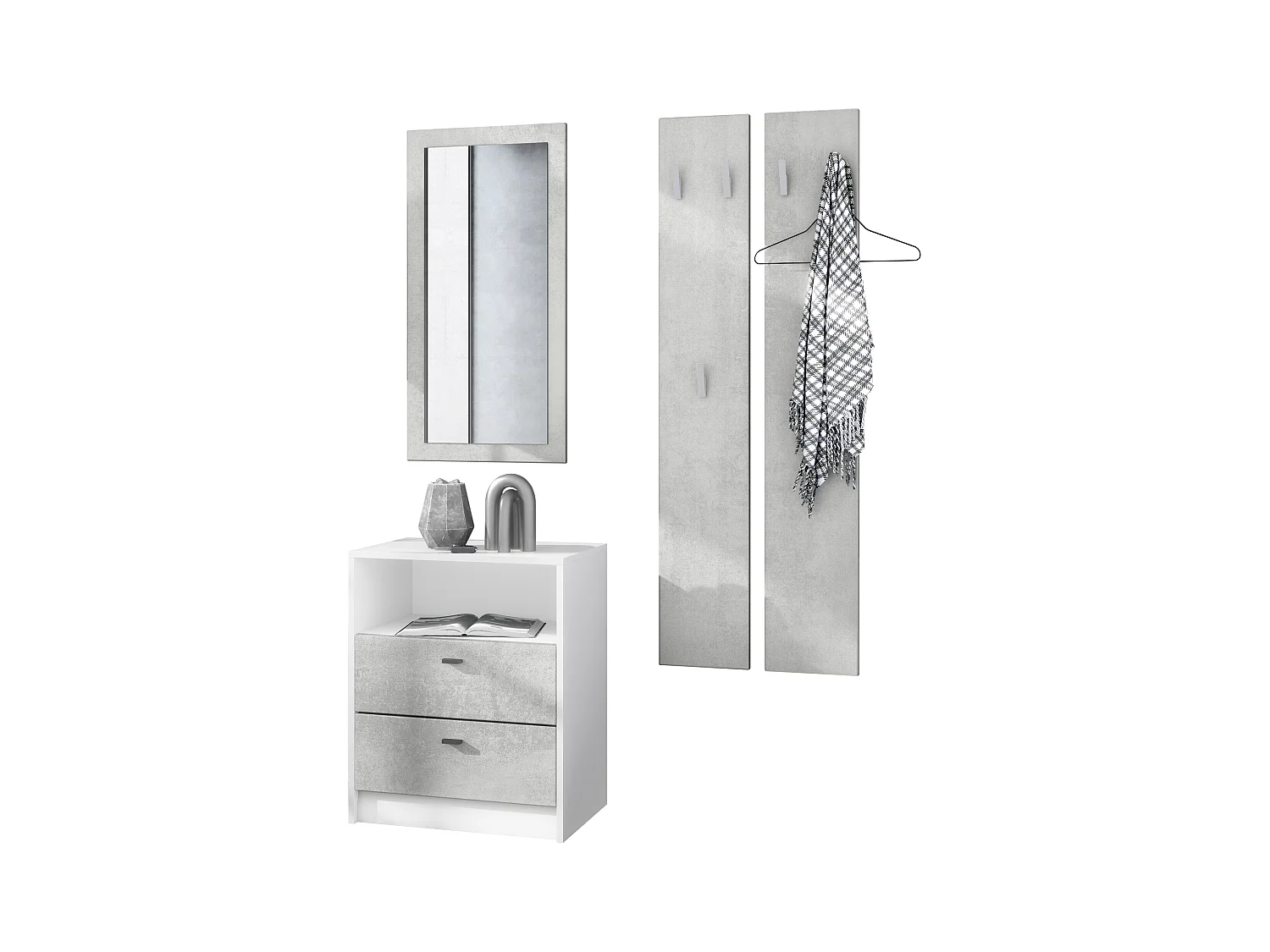 Ensemble de vestiaires Pino V1, 2 Panneaux muraux 140 cm et buffet avec 2 tiroirs & 1 compartiment ouvert, blanc mat/aspect béton oxyde (56 x 67,5 x 36 cm)