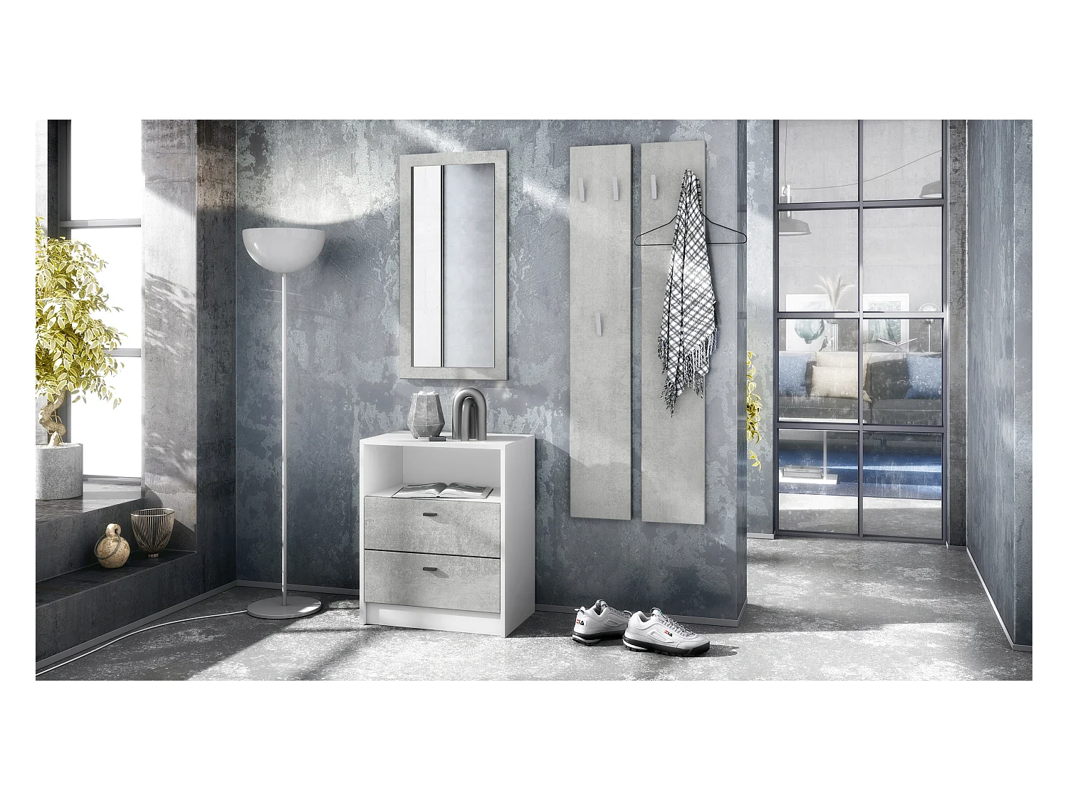 Ensemble de vestiaires Pino V1, 2 Panneaux muraux 140 cm et buffet avec 2 tiroirs & 1 compartiment ouvert, blanc mat/aspect béton oxyde (56 x 67,5 x 36 cm)