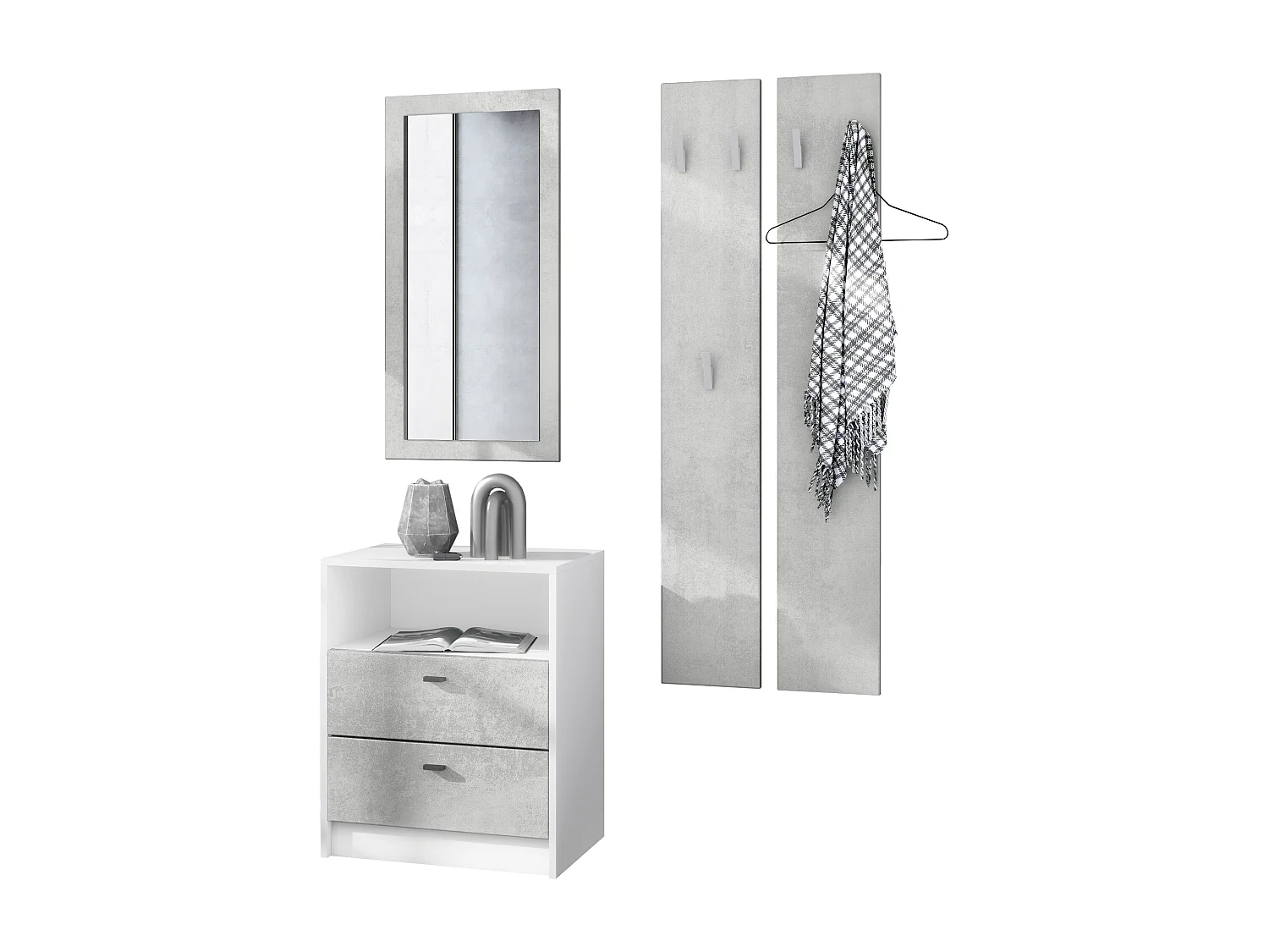 Ensemble de vestiaires Pino V1, 2 Panneaux muraux 140 cm et buffet avec 2 tiroirs & 1 compartiment ouvert, blanc mat/aspect béton oxyde (56 x 67,5 x 36 cm)