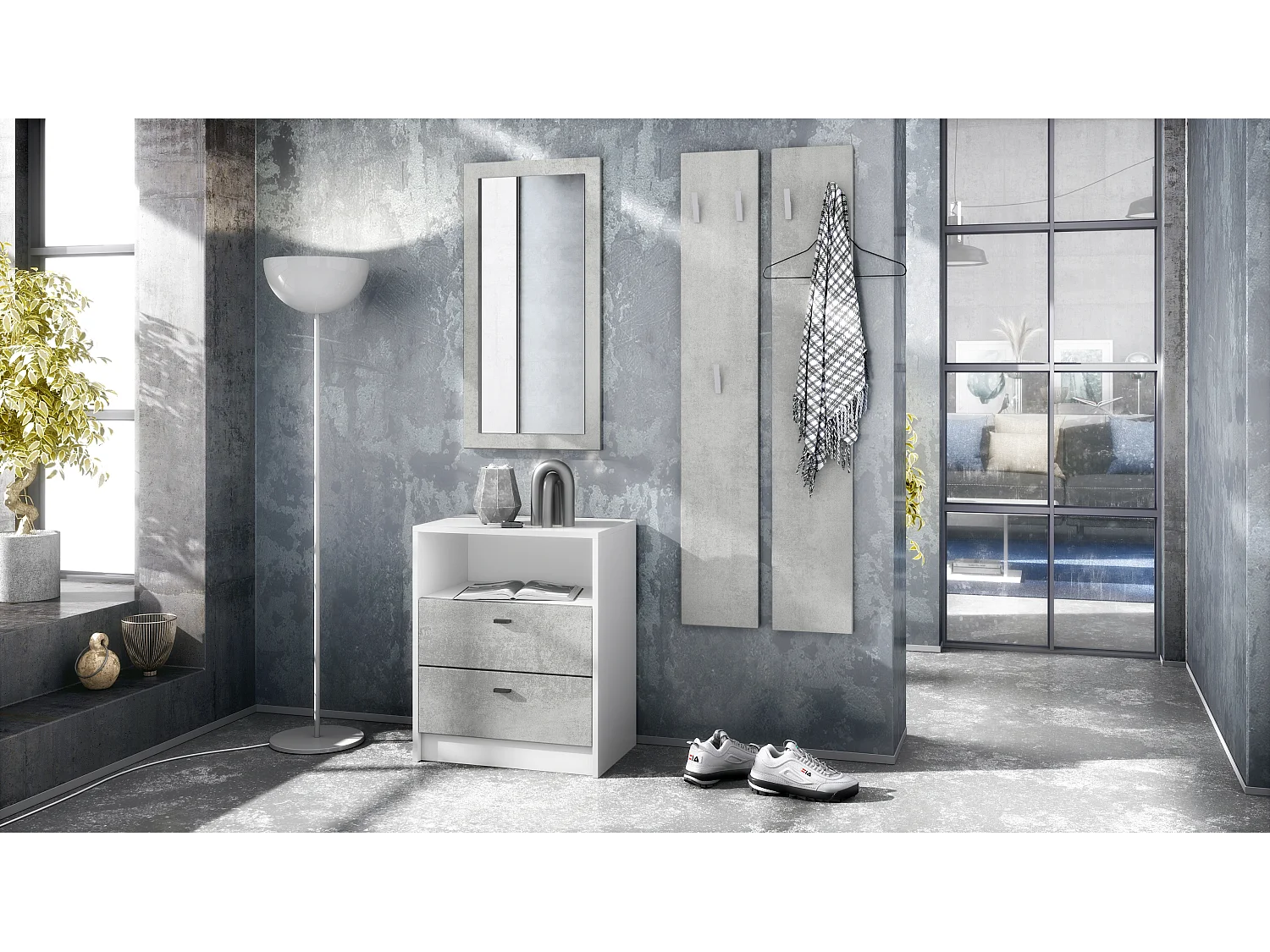 Ensemble de vestiaires Pino V1, 2 Panneaux muraux 140 cm et buffet avec 2 tiroirs & 1 compartiment ouvert, blanc mat/aspect béton oxyde (56 x 67,5 x 36 cm)