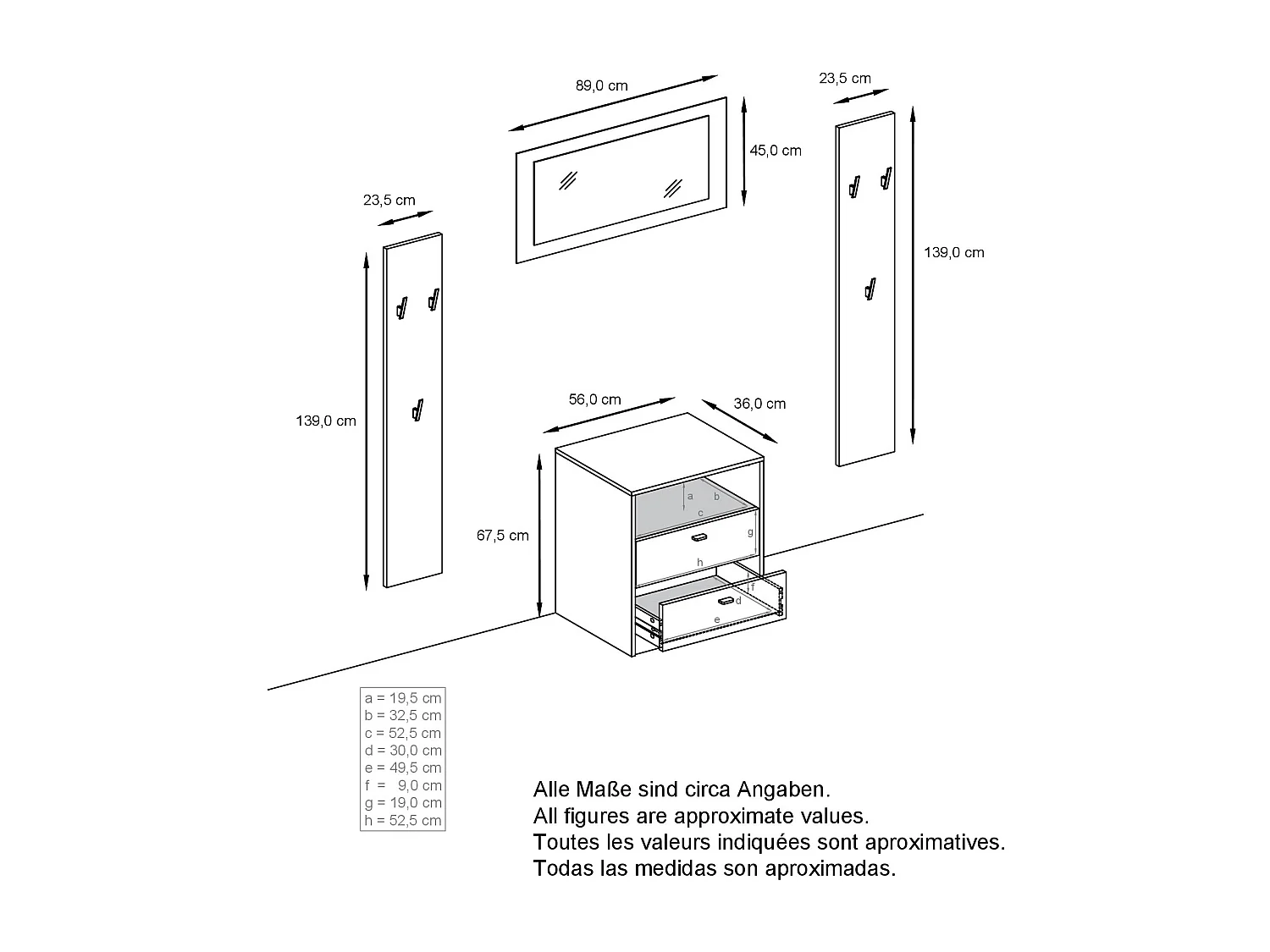 Ensemble de vestiaires Pino V1, 2 Panneaux muraux 140 cm et buffet avec 2 tiroirs & 1 compartiment ouvert, blanc mat/aspect béton oxyde (56 x 67,5 x 36 cm)