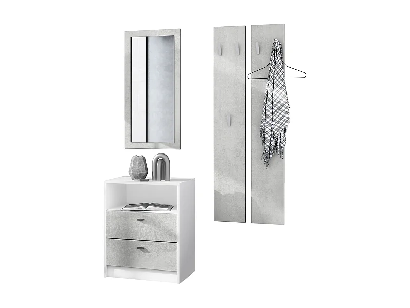 Ensemble de vestiaires Pino V1, 2 Panneaux muraux 140 cm et buffet avec 2 tiroirs & 1 compartiment ouvert, blanc mat/aspect béton oxyde (56 x 67,5 x 36 cm)