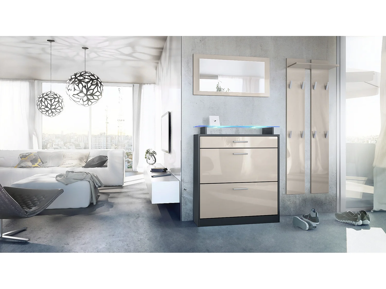 Loret Ensemble penderie, meuble à chaussures 89 x 104 x 23 cm avec miroir, 2 panneaux murales et éclairage LED Bleu, Anthracite mat & Gris sable brillant