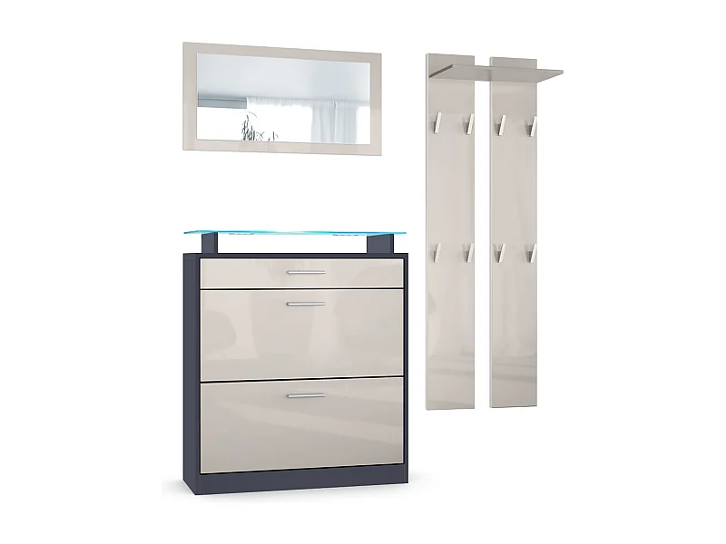 Loret Ensemble penderie, meuble à chaussures 89 x 104 x 23 cm avec miroir, 2 panneaux murales et éclairage LED Bleu, Anthracite mat & Gris sable brillant