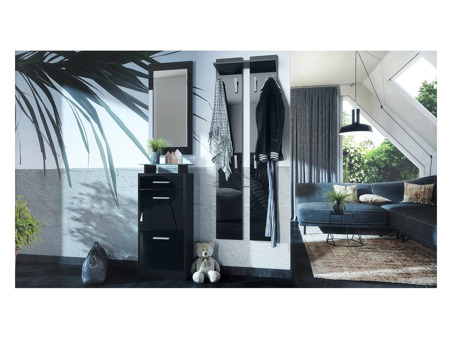 Ensemble de meubles d'entrée Loret V2 Mini, Corps en Noir mat / Façades en Noir haute brillance