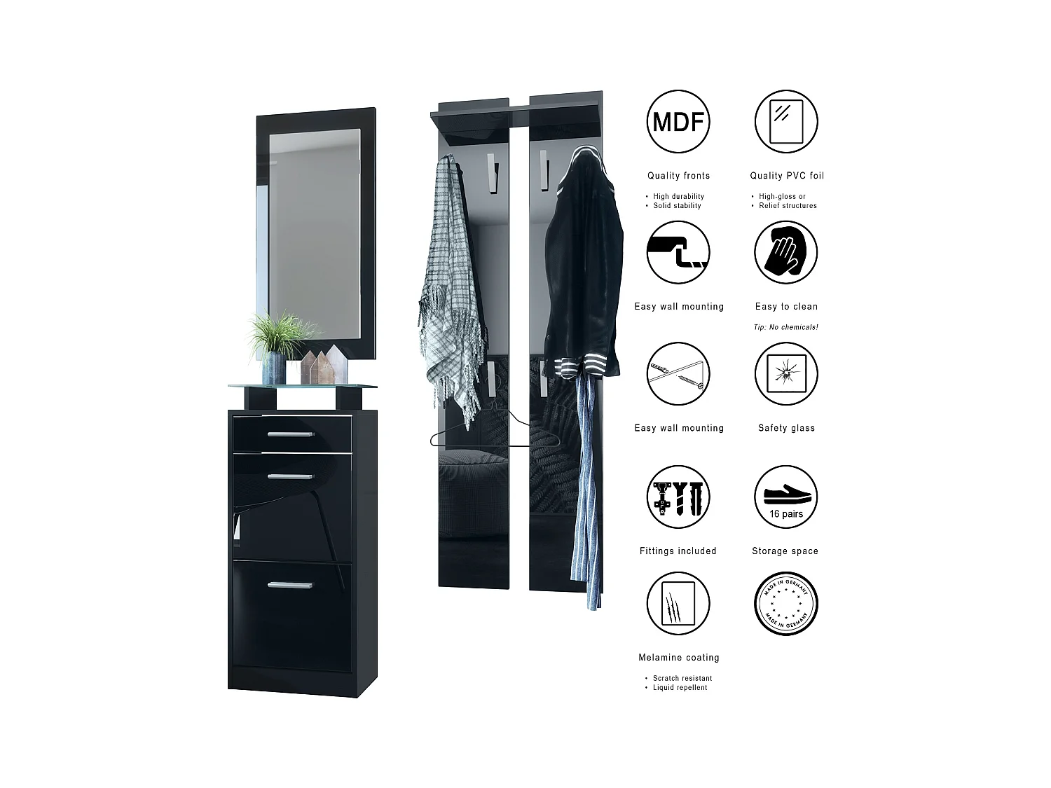 Ensemble de meubles d'entrée Loret V2 Mini, Corps en Noir mat / Façades en Noir haute brillance