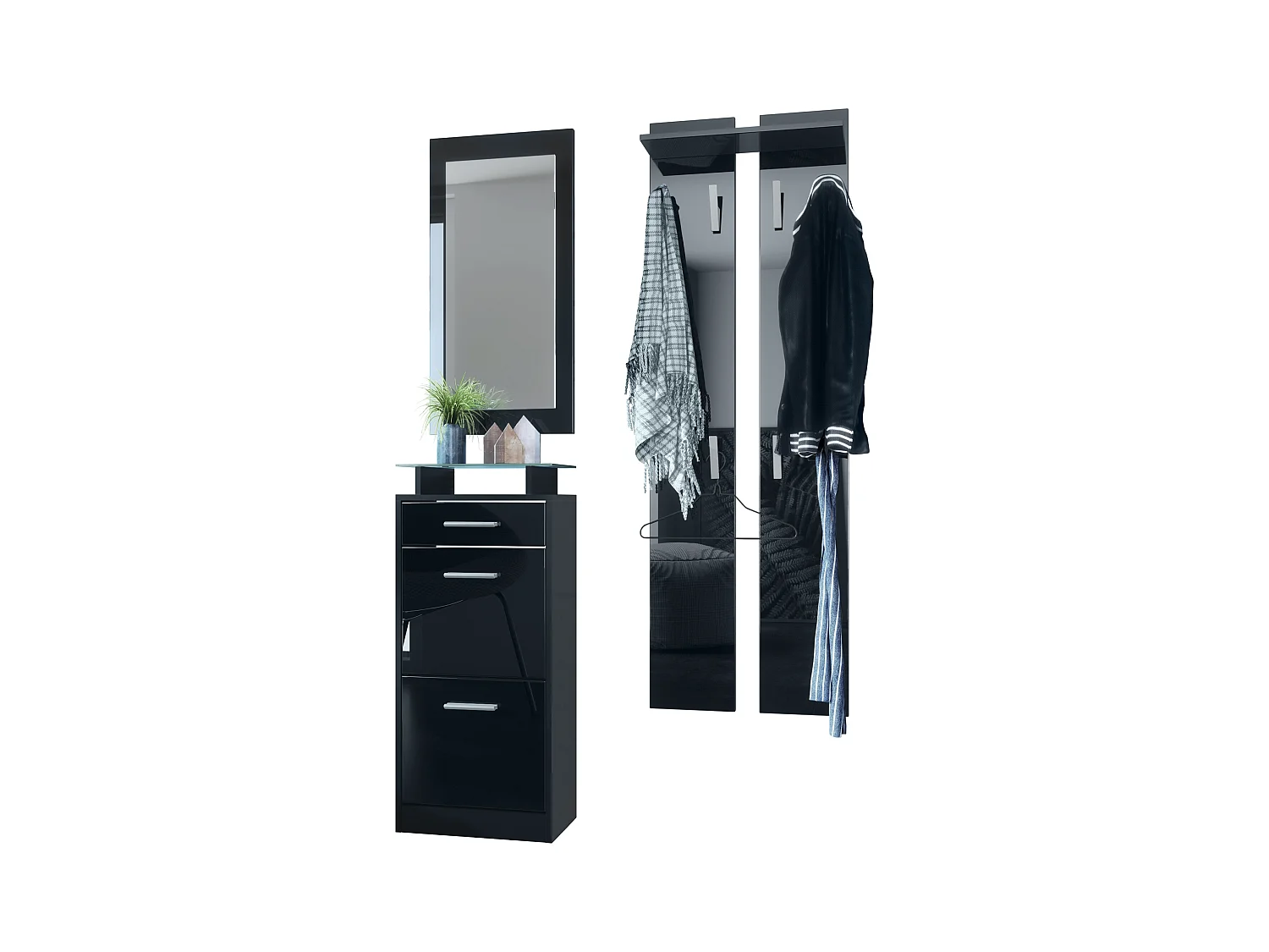 Ensemble de meubles d'entrée Loret V2 Mini, Corps en Noir mat / Façades en Noir haute brillance