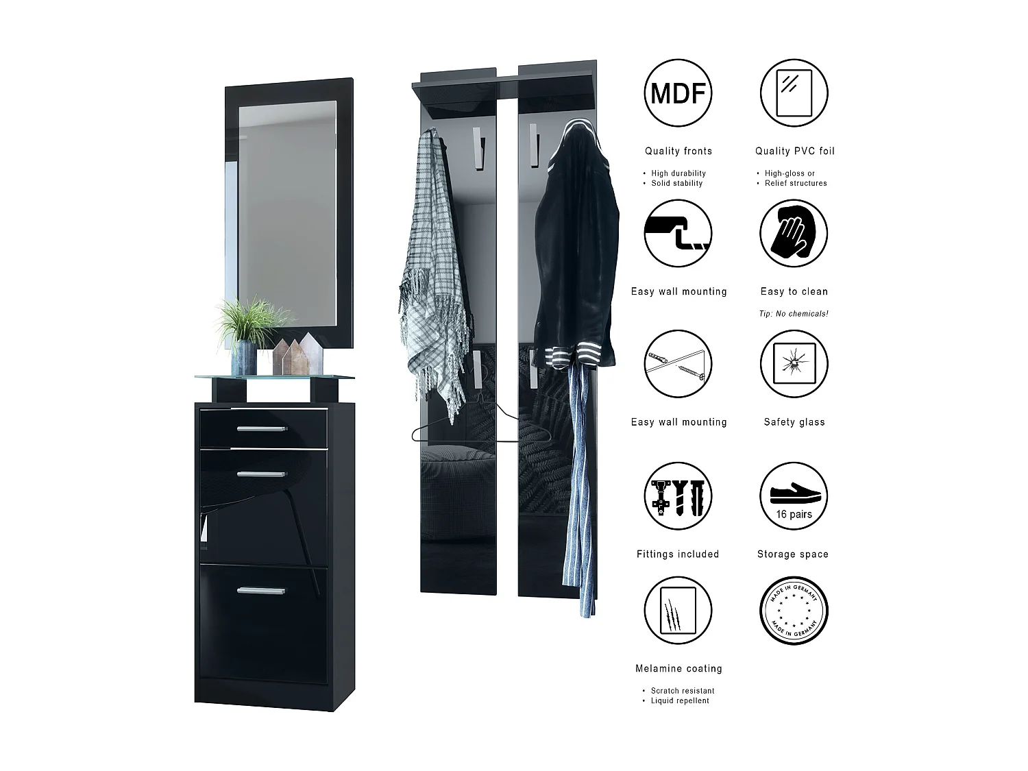 Ensemble de meubles d'entrée Loret V2 Mini, Corps en Noir mat / Façades en Noir haute brillance