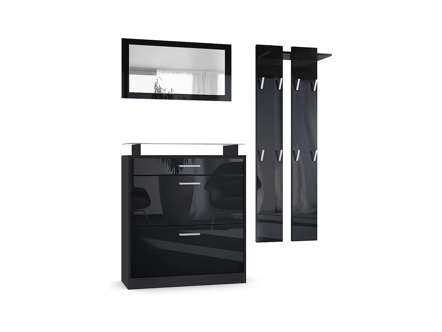 Penderie Loret Mini, Meuble d’entrée comprenant 1 commode à chaussures, 1 miroir mural et 2 panneaux porte-manteaux, Noir mat/Noir haute brillance