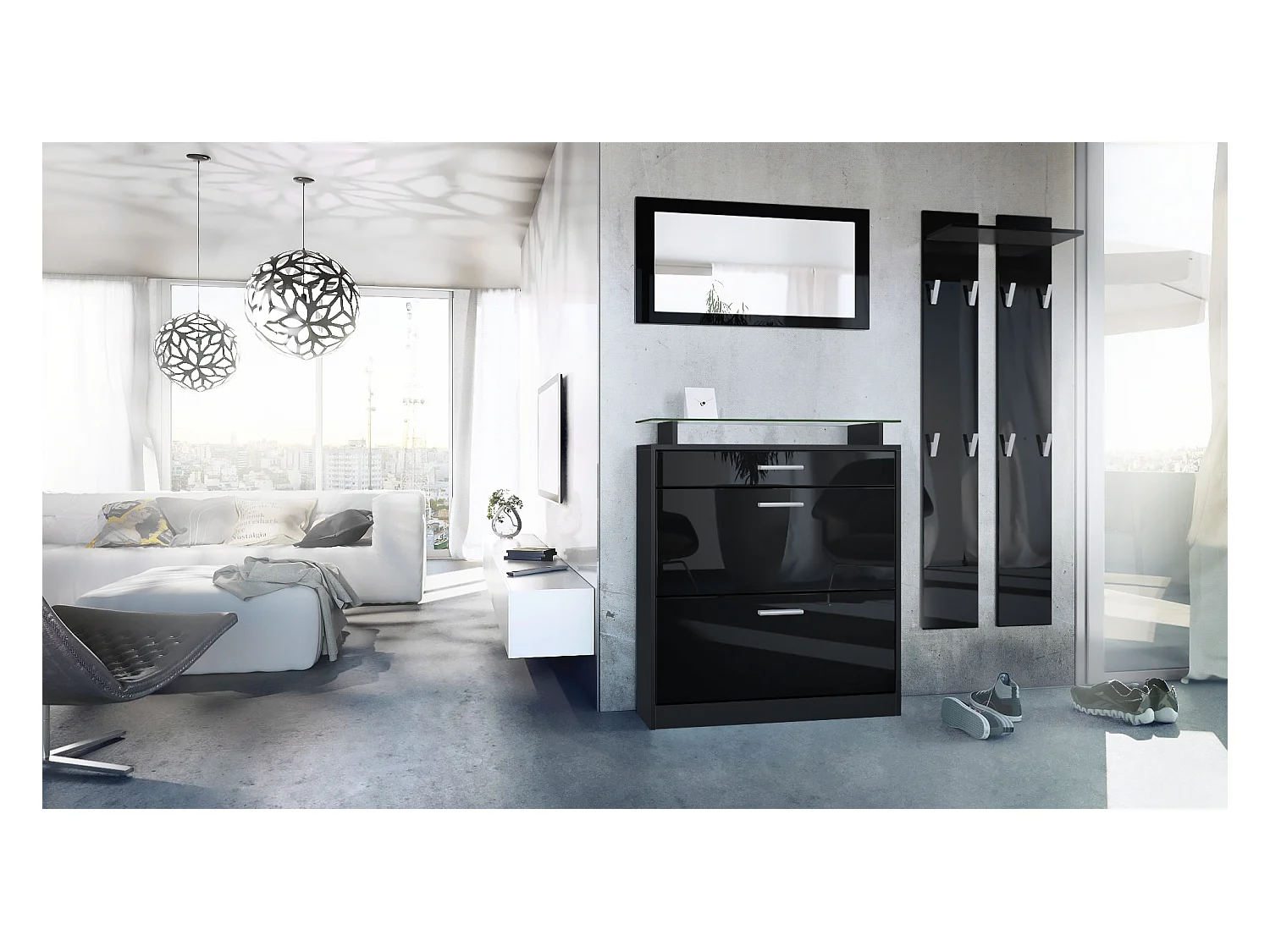 Penderie Loret Mini, Meuble d’entrée comprenant 1 commode à chaussures, 1 miroir mural et 2 panneaux porte-manteaux, Noir mat/Noir haute brillance