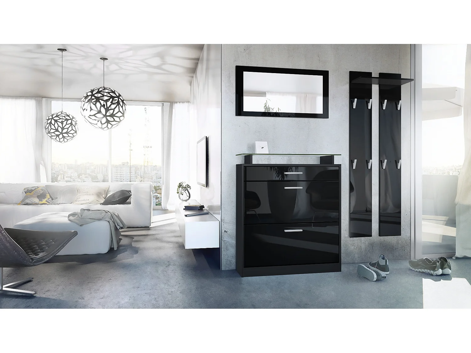 Penderie Loret Mini, Meuble d’entrée comprenant 1 commode à chaussures, 1 miroir mural et 2 panneaux porte-manteaux, Noir mat/Noir haute brillance