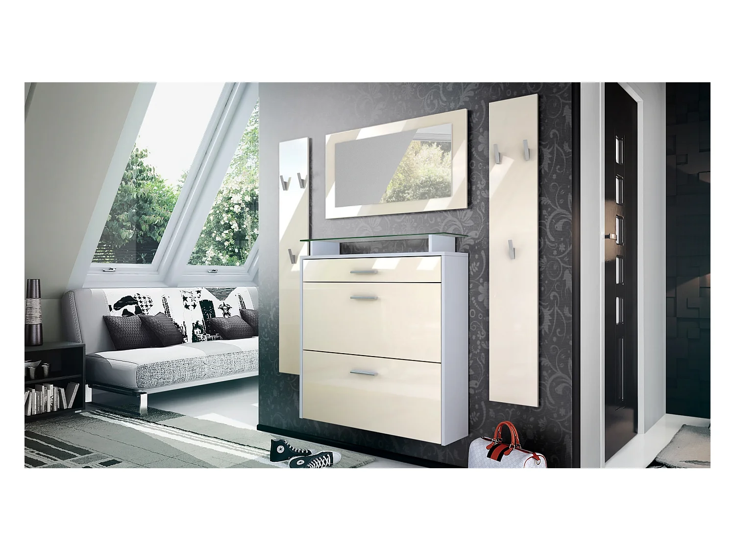 Penderie Malea, Meuble d’entrée comprenant 1 commode à chaussures murale, 1 miroir mural et 2 panneaux porte-manteaux, Blanc mat/Crème haute brillance