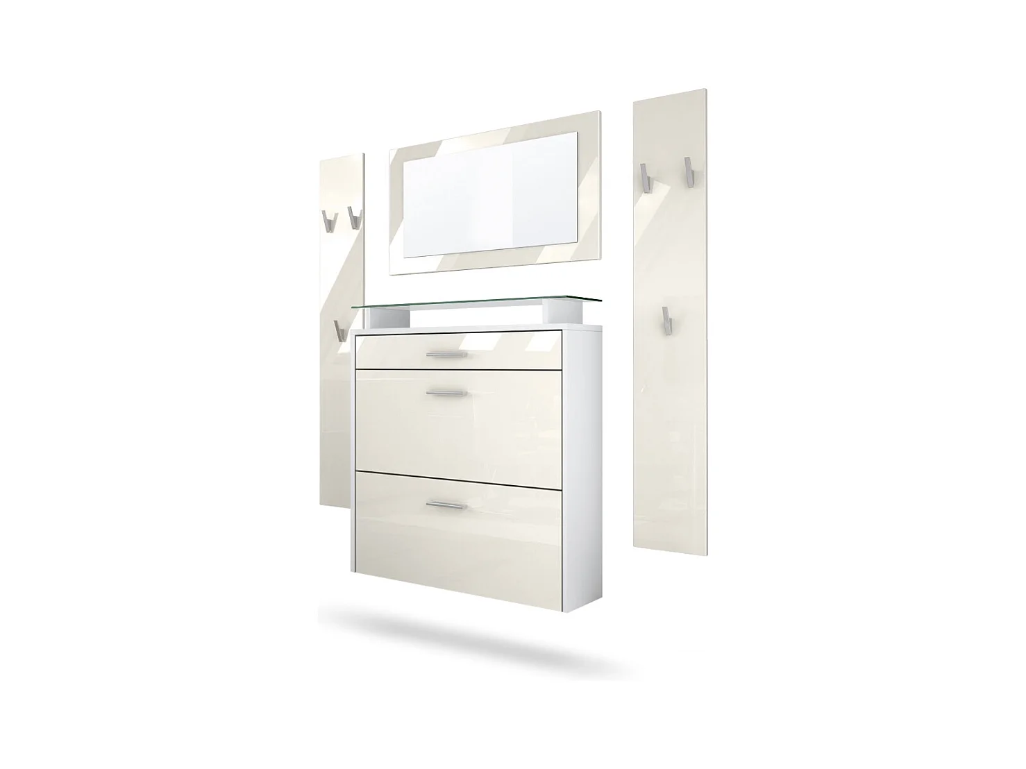 Penderie Malea, Meuble d’entrée comprenant 1 commode à chaussures murale, 1 miroir mural et 2 panneaux porte-manteaux, Blanc mat/Crème haute brillance