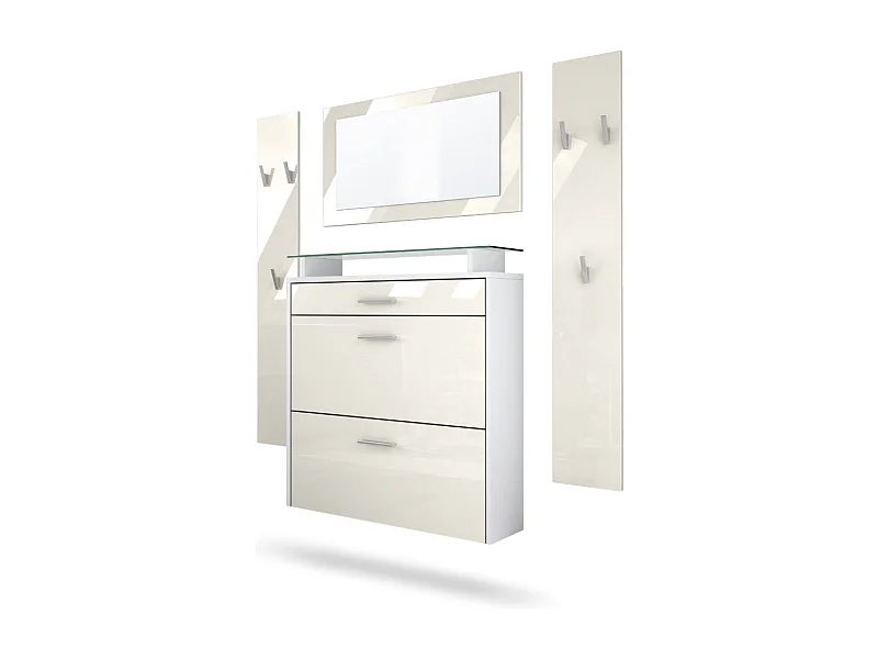 Penderie Malea, Meuble d’entrée comprenant 1 commode à chaussures murale, 1 miroir mural et 2 panneaux porte-manteaux, Blanc mat/Crème haute brillance