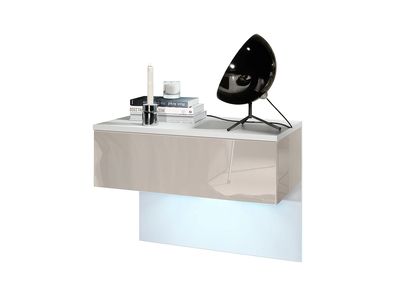 Table de chevet Sleep, Table de nuit à fixation murale avec tiroir, Blanc mat/Gris sable haute brillance, éclairage LED inclus (60 x 46 x 35 cm)