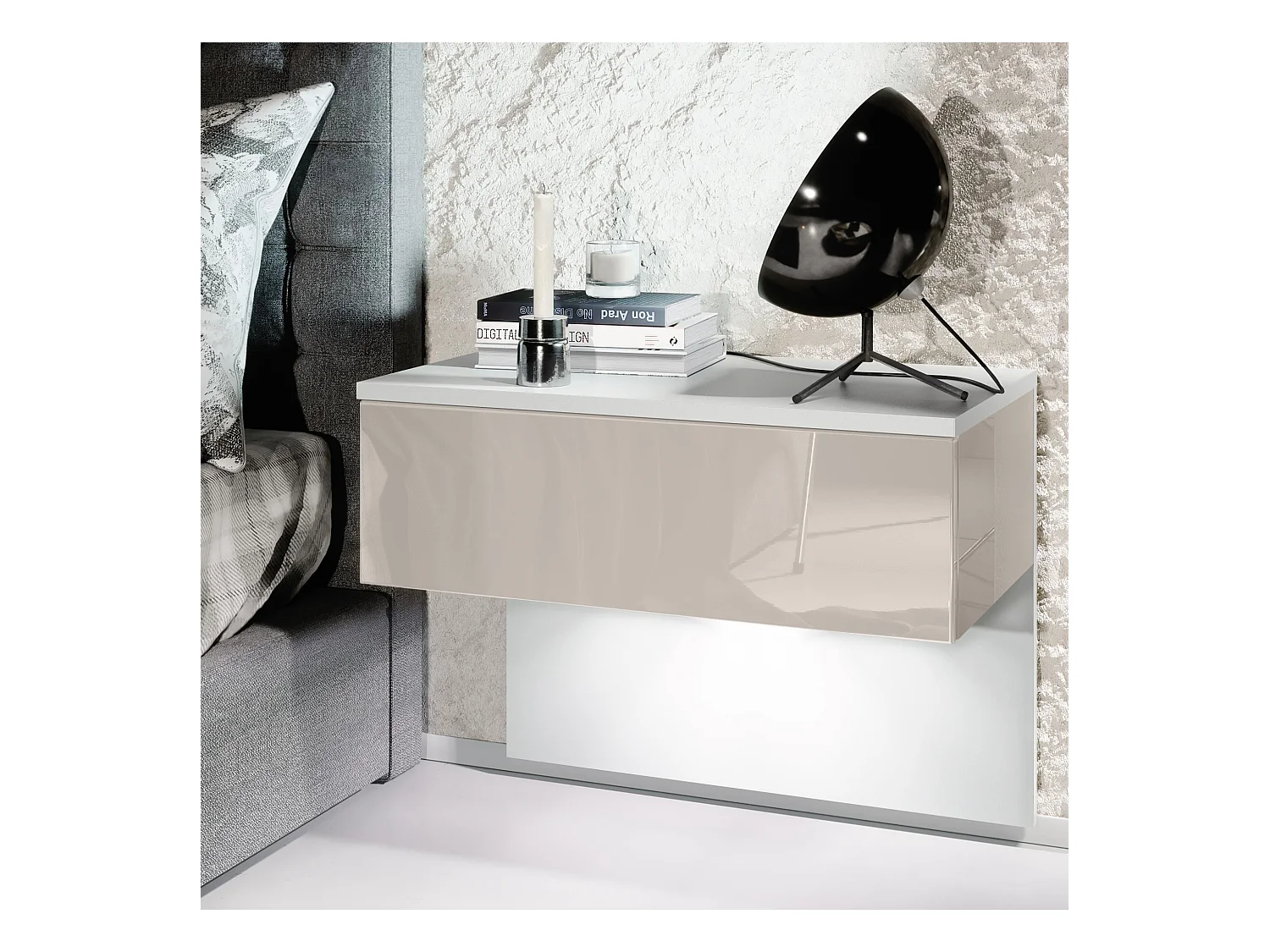 Table de chevet Sleep, Table de nuit à fixation murale avec tiroir, Blanc mat/Gris sable haute brillance, éclairage LED inclus (60 x 46 x 35 cm)