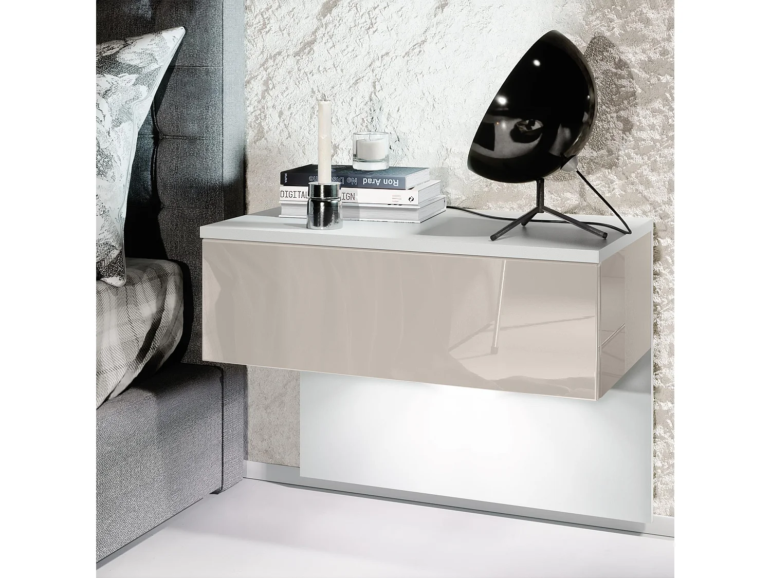 Table de chevet Sleep, Table de nuit à fixation murale avec tiroir, Blanc mat/Gris sable haute brillance, éclairage LED inclus (60 x 46 x 35 cm)