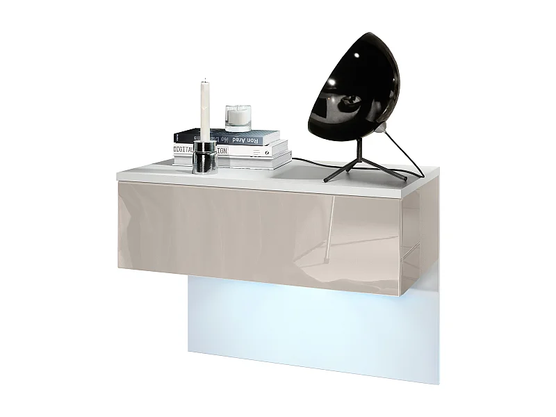 Table de chevet Sleep, Table de nuit à fixation murale avec tiroir, Blanc mat/Gris sable haute brillance, éclairage LED inclus (60 x 46 x 35 cm)