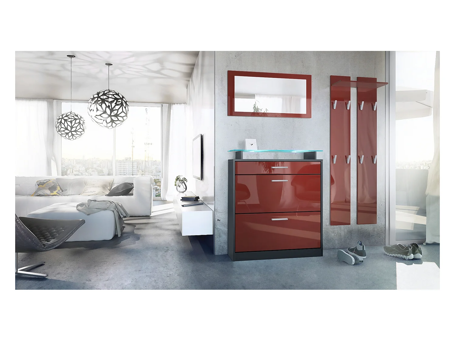 Loret Ensemble penderie, meuble à chaussures 89x104x23 cm avec miroir, 2 panneaux murales et éclairage LED, Anthracite mat & Bordeaux brillant