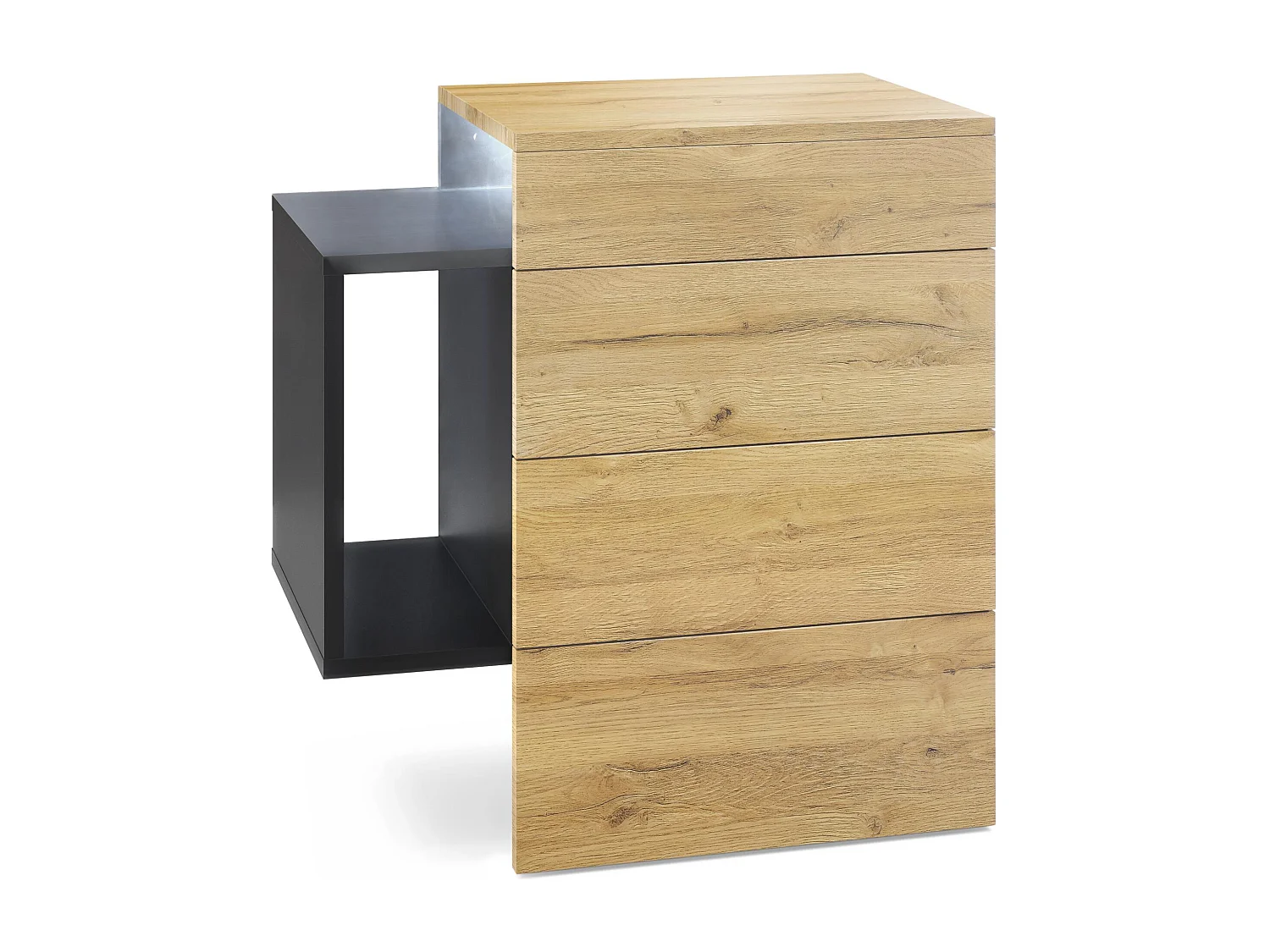 Table de chevet Queens, Table de nuit avec 2 tiroirs et 1 compartiment latéral à fixer au mur, Noir mat/Chêne Nature, incl. LED blanc (60x63x36 cm)