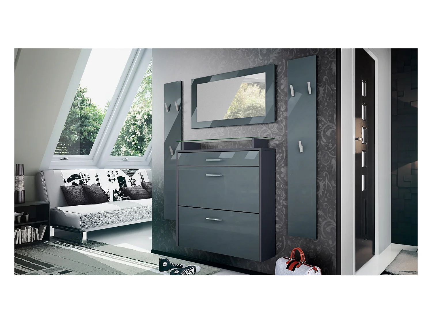 Penderie Malea, Meuble d’entrée comprenant 1 commode à chaussures murale, 1 miroir mural et 2 panneaux porte-manteaux, Anthracite mat/Gris haute brillance