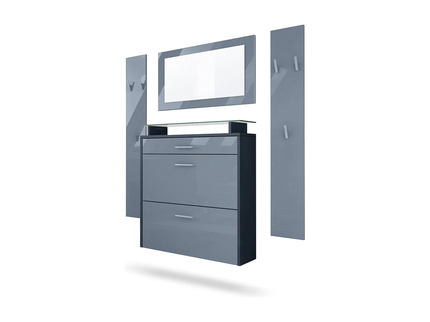 Penderie Malea, Meuble d’entrée comprenant 1 commode à chaussures murale, 1 miroir mural et 2 panneaux porte-manteaux, Anthracite mat/Gris haute brillance