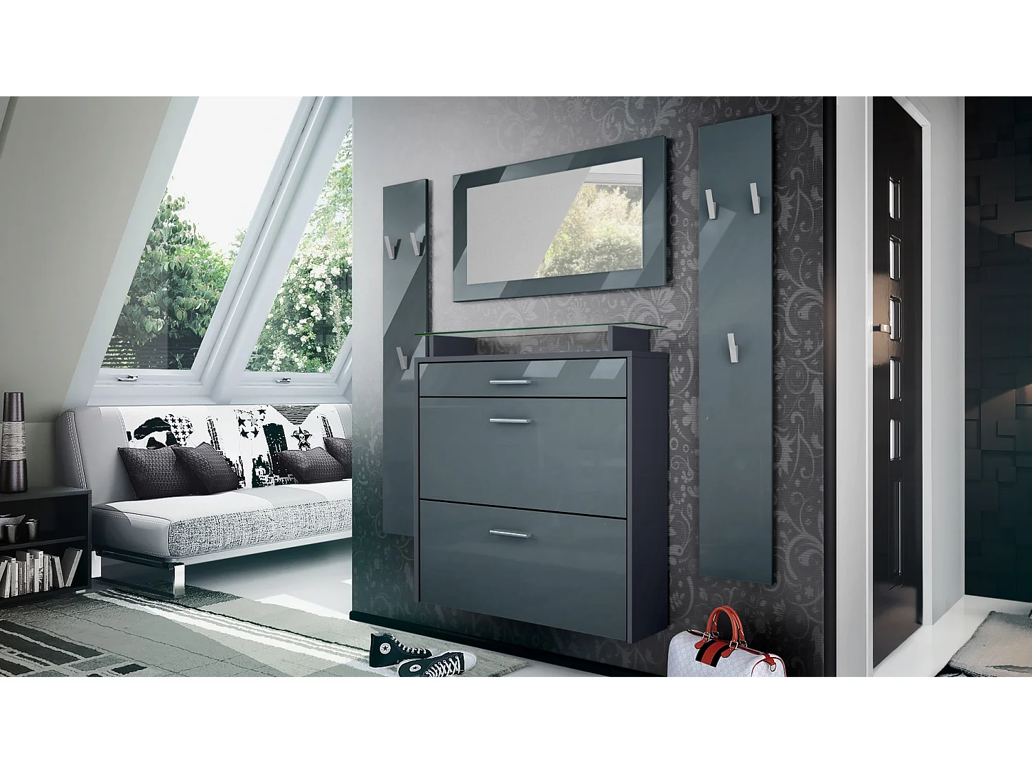 Penderie Malea, Meuble d’entrée comprenant 1 commode à chaussures murale, 1 miroir mural et 2 panneaux porte-manteaux, Anthracite mat/Gris haute brillance