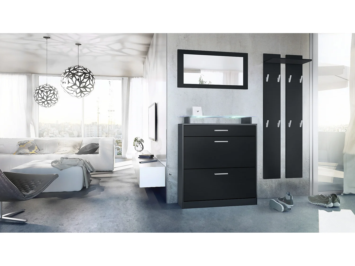 Loret Ensemble penderie, meuble à chaussures 89 x 104 x 23 cm avec miroir, 2 panneaux murales et éclairage LED Blanc, Anthracite mat & Noir haute brillance