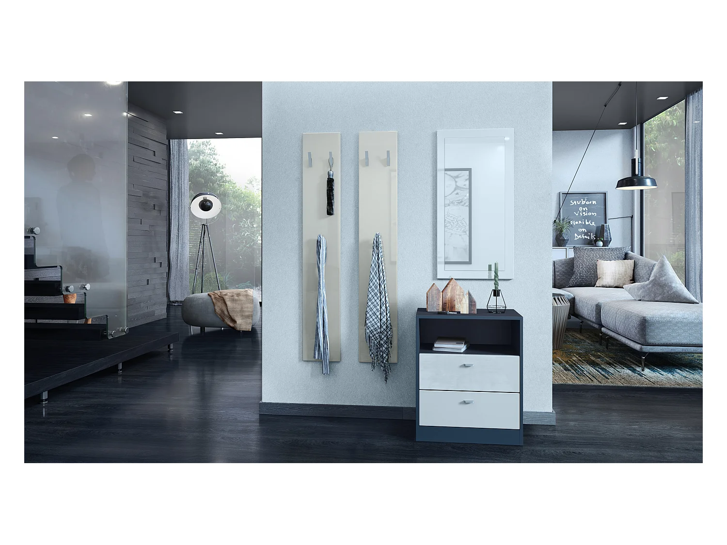 Panel de Pared 140, Hecho en Alemania, Panel Perchero con 2 Paneles, crema de alto brillo (je 24 x 140 x 2 cm)