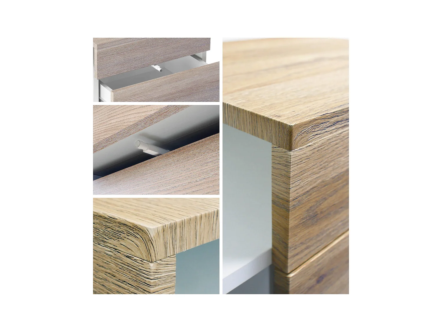 Table de chevet Queens, Table de nuit avec 2 tiroirs et 1 compartiment latéral à fixer au mur, Blanc mat/Denim mat (60 x 63 x 36 cm)