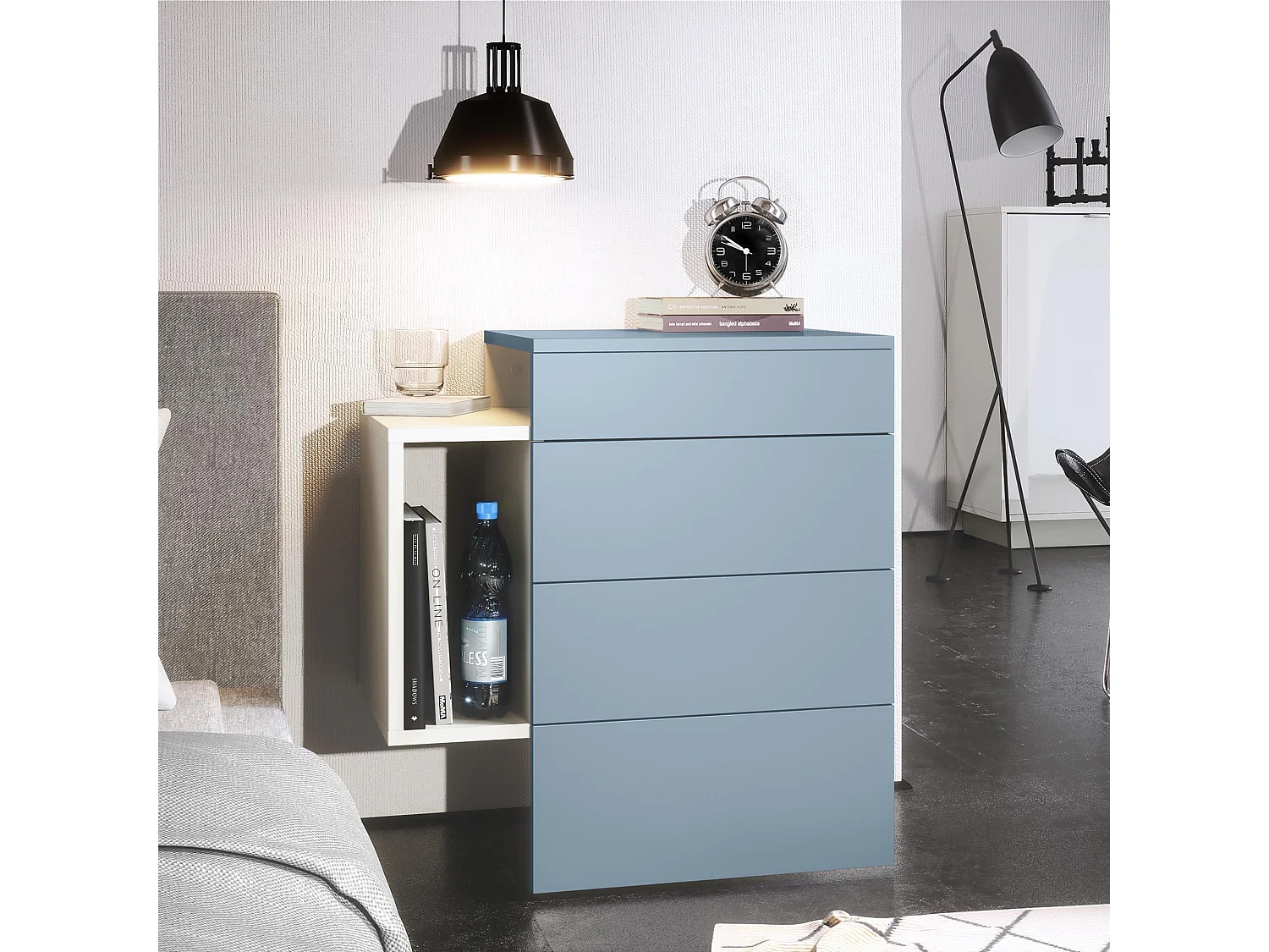 Table de chevet Queens, Table de nuit avec 2 tiroirs et 1 compartiment latéral à fixer au mur, Blanc mat/Denim mat (60 x 63 x 36 cm)