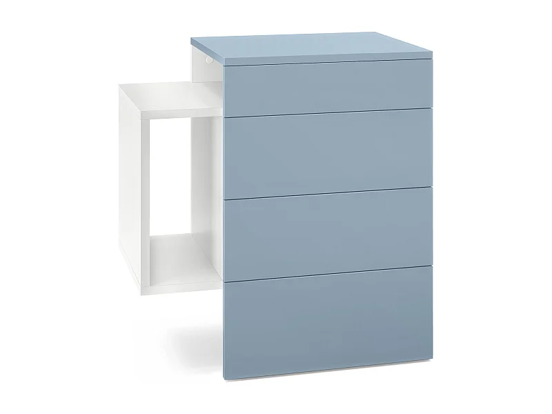 Comodino  Queens, comodino a parete con 2 cassetti e 1 scomparto laterale, bianco/opaco denim (60 x 63 x 36 cm)