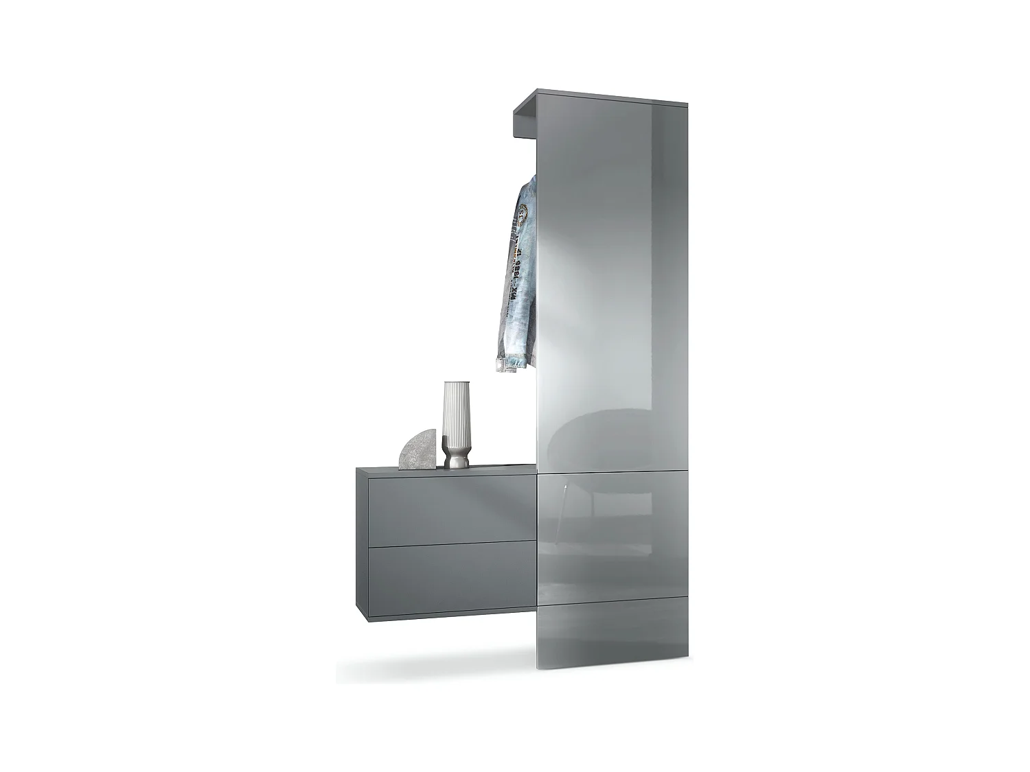 Penderie Carlton Set 2, Meuble d’entrée comprenant 1 panneau porte-manteau, 1 coffre à tiroir, anthracite mat/gris haute brillance (105 x 193 x 35 cm)