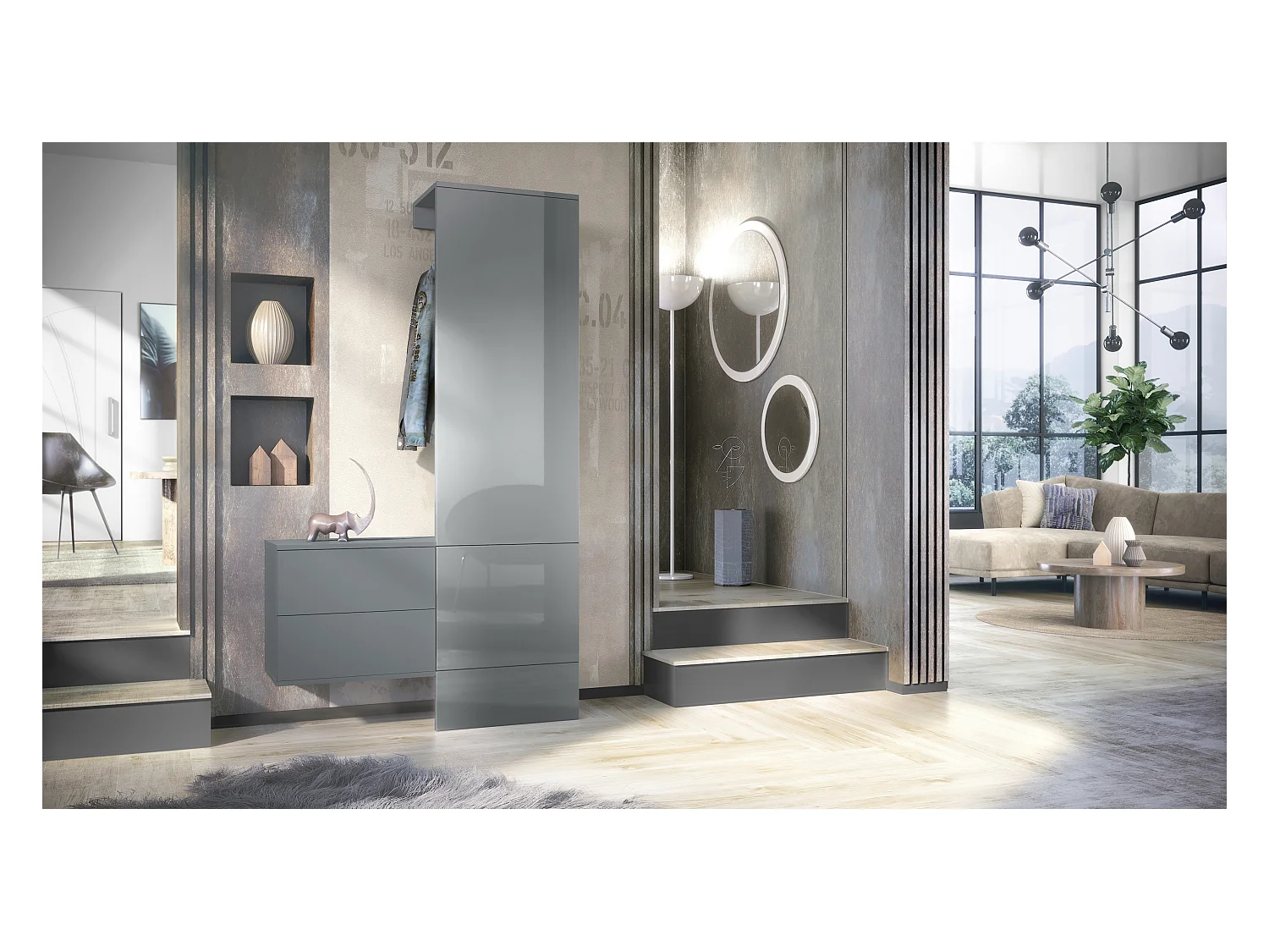 Penderie Carlton Set 2, Meuble d’entrée comprenant 1 panneau porte-manteau, 1 coffre à tiroir, anthracite mat/gris haute brillance (105 x 193 x 35 cm)