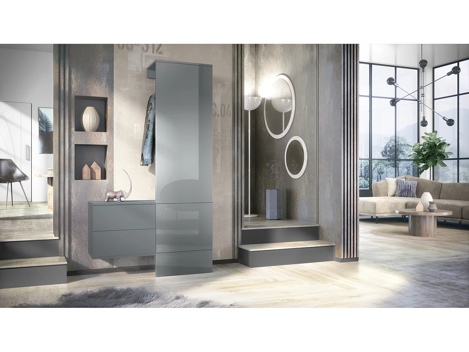 Penderie Carlton Set 2, Meuble d’entrée comprenant 1 panneau porte-manteau, 1 coffre à tiroir, anthracite mat/gris haute brillance (105 x 193 x 35 cm)