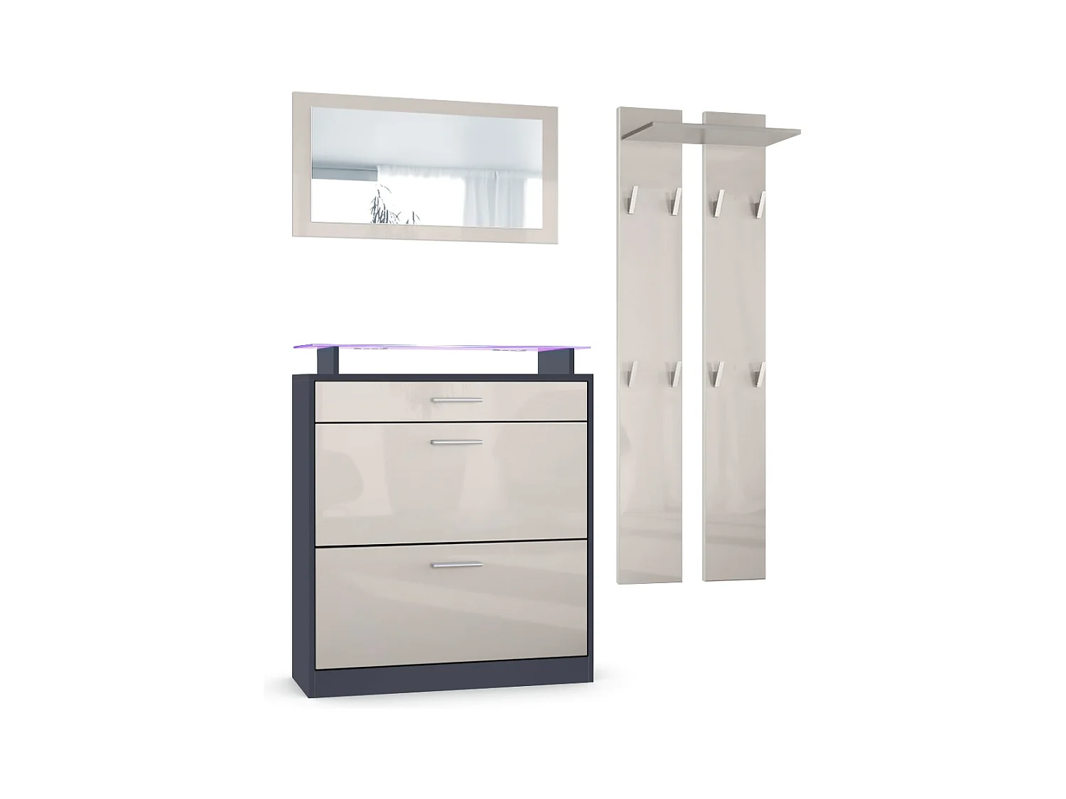 Loret Ensemble penderie, meuble à chaussures 89x104x23 cm avec miroir, 2 panneaux murales et éclairage LED, Anthracite mat & Gris sable brillant