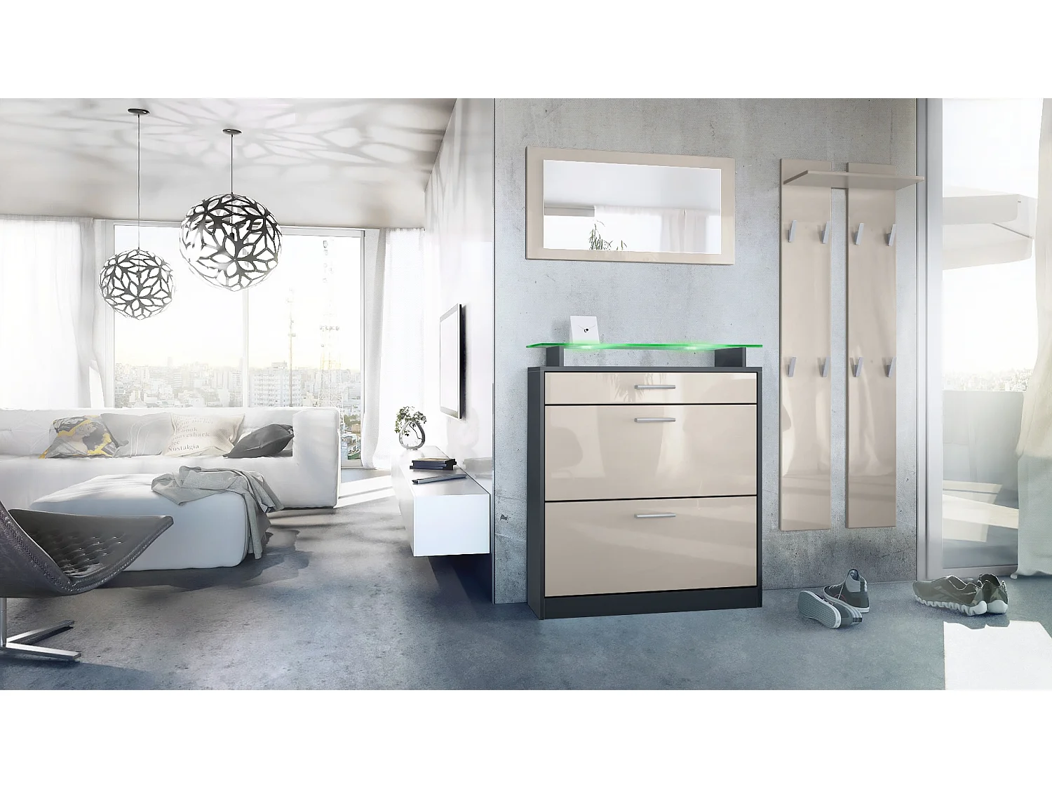 Loret Ensemble penderie, meuble à chaussures 89x104x23 cm avec miroir, 2 panneaux murales et éclairage LED, Anthracite mat & Gris sable brillant