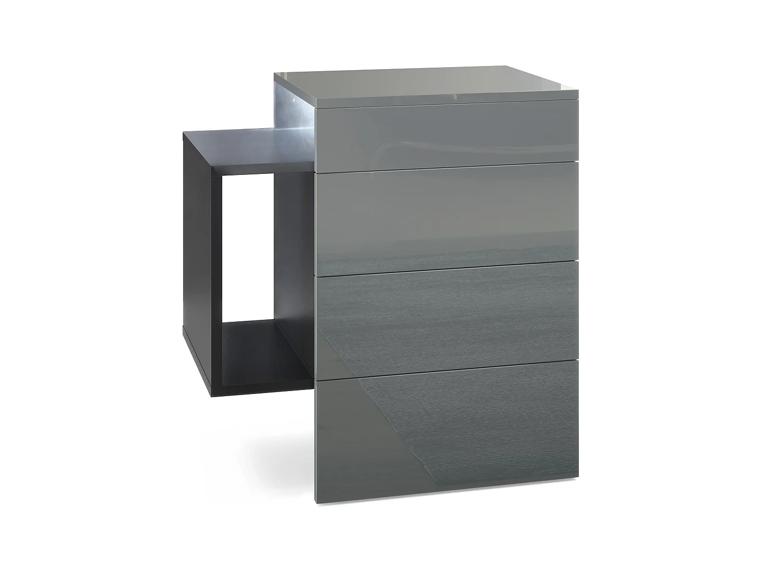 Table de chevet Queens, Table de nuit avec 2 tiroirs et 1 compartiment latéral à fixer au mur, Noir mat/Gris brillant, incl. LED blanc (60x63x36 cm)