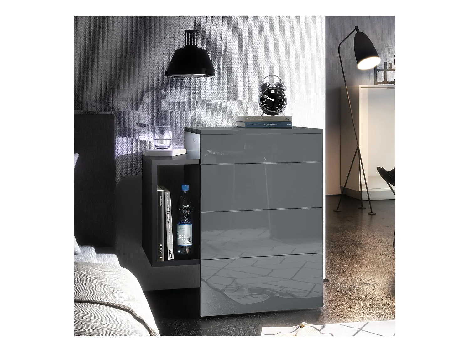 Table de chevet Queens, Table de nuit avec 2 tiroirs et 1 compartiment latéral à fixer au mur, Noir mat/Gris brillant, incl. LED blanc (60x63x36 cm)