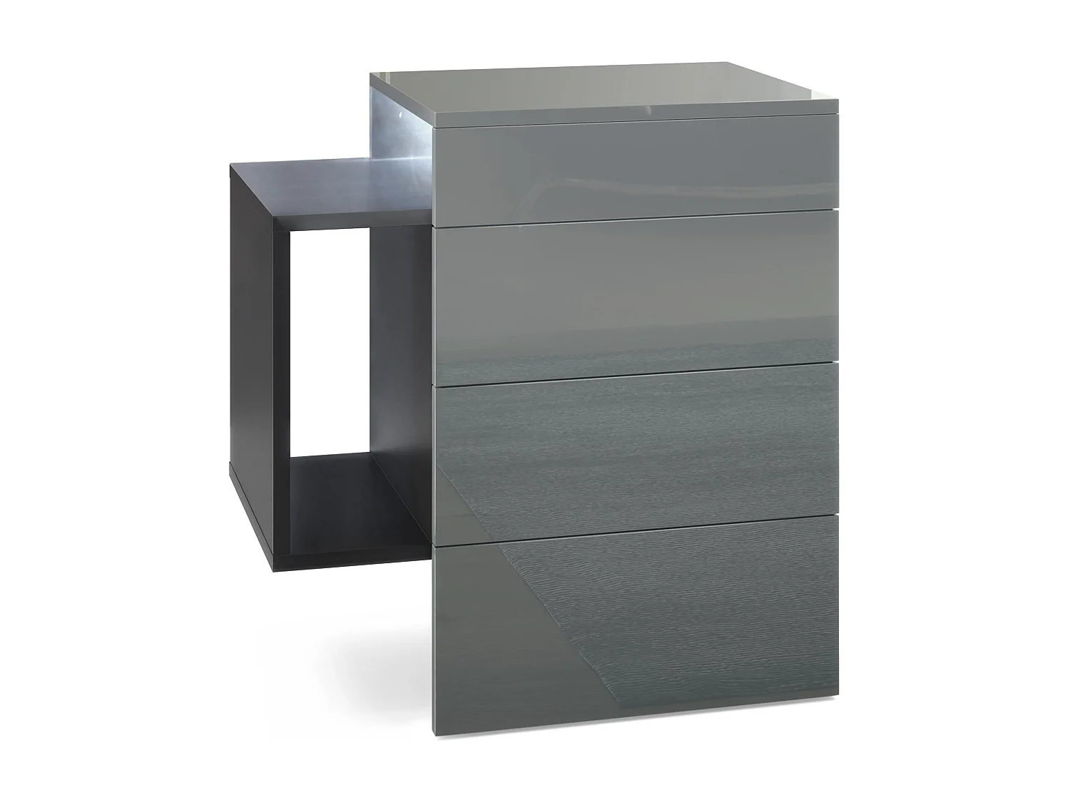 Table de chevet Queens, Table de nuit avec 2 tiroirs et 1 compartiment latéral à fixer au mur, Noir mat/Gris brillant, incl. LED blanc (60x63x36 cm)