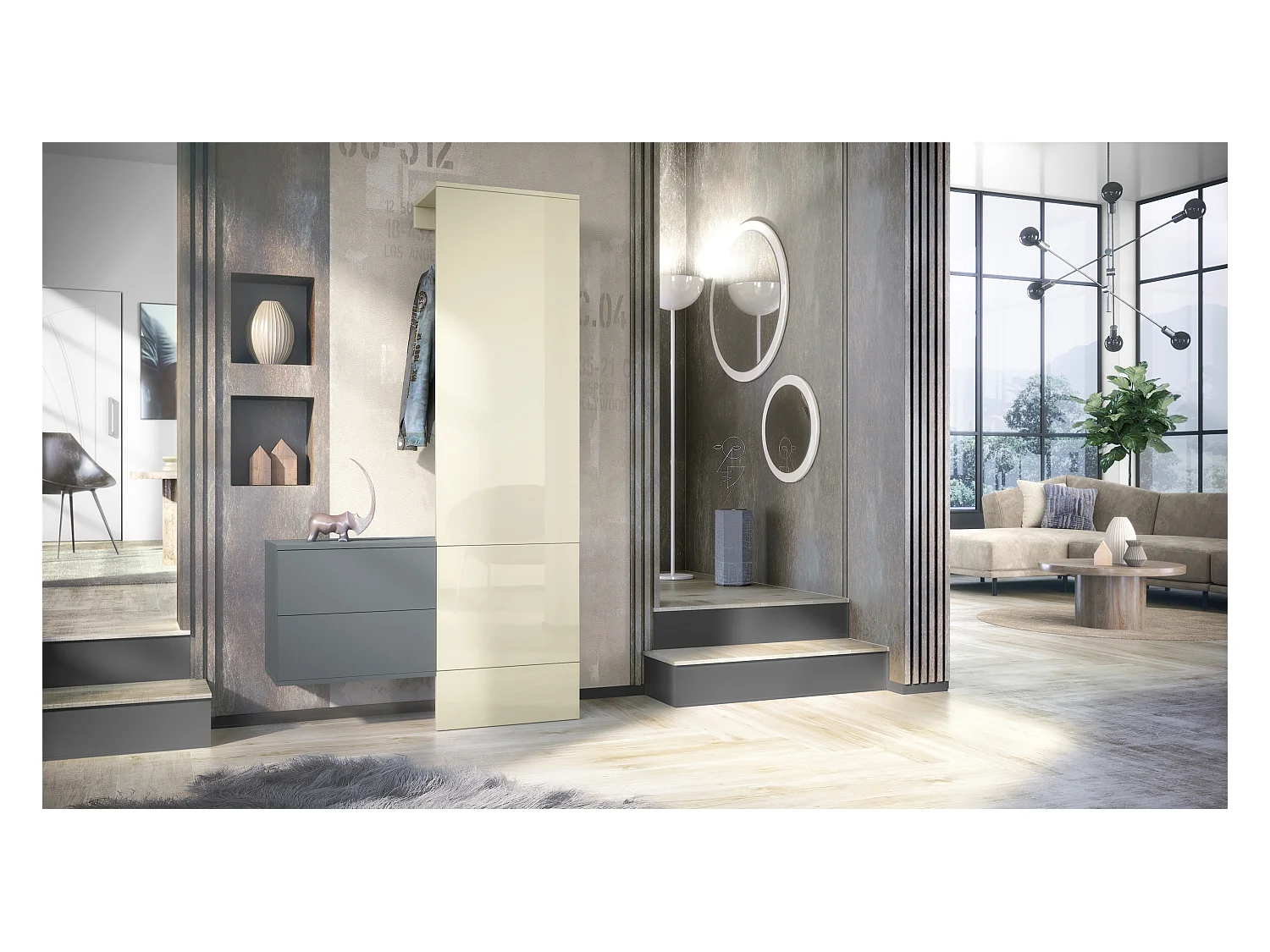 Penderie Carlton Set 2, Meuble d’entrée comprenant 1 panneau porte-manteau, 1 coffre à tiroir, anthracite mat/crème haute brillance (105 x 193 x 35 cm)