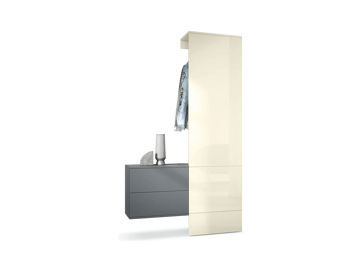 Penderie Carlton Set 2, Meuble d’entrée comprenant 1 panneau porte-manteau, 1 coffre à tiroir, anthracite mat/crème haute brillance (105 x 193 x 35 cm)
