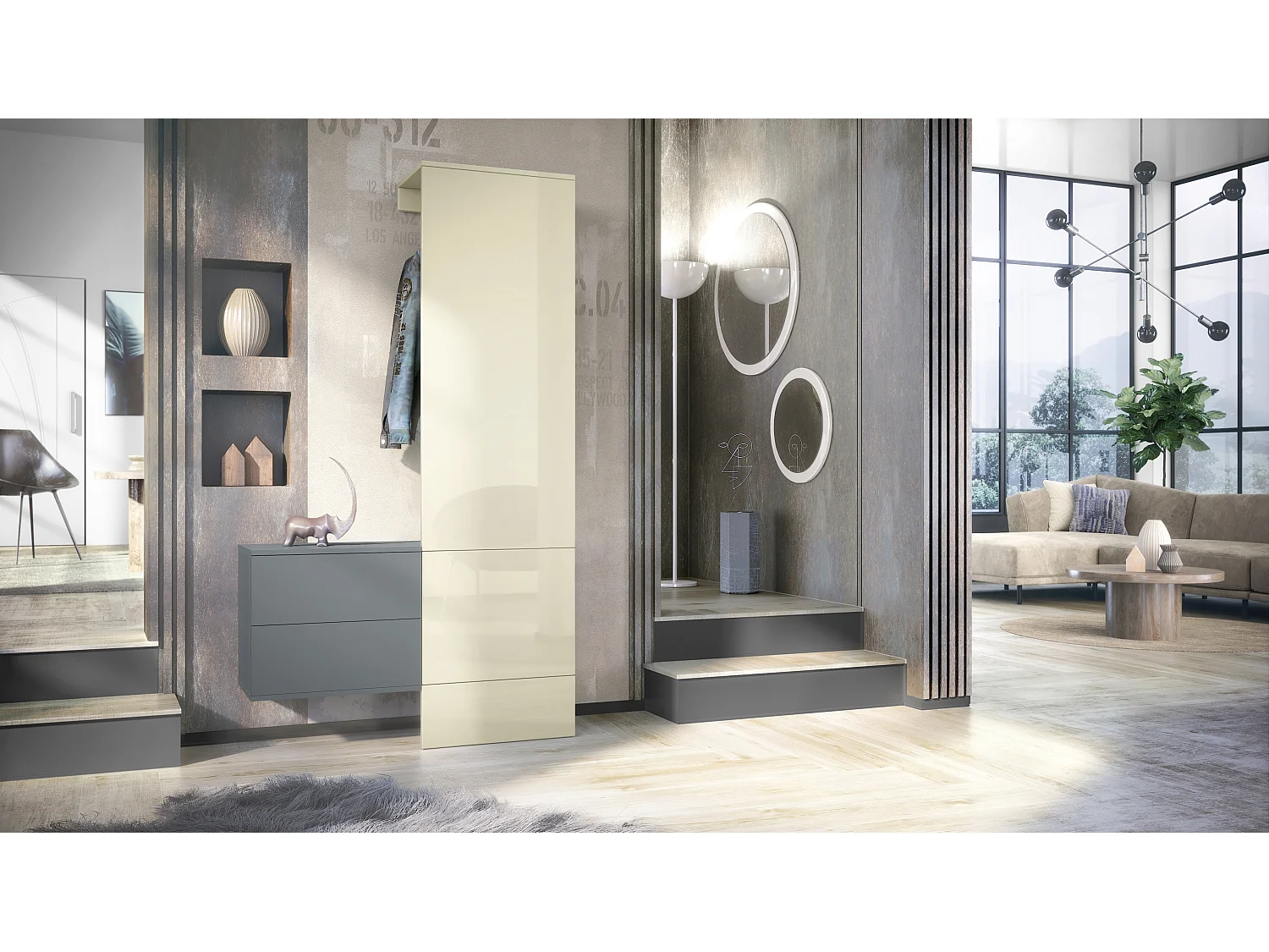 Penderie Carlton Set 2, Meuble d’entrée comprenant 1 panneau porte-manteau, 1 coffre à tiroir, anthracite mat/crème haute brillance (105 x 193 x 35 cm)